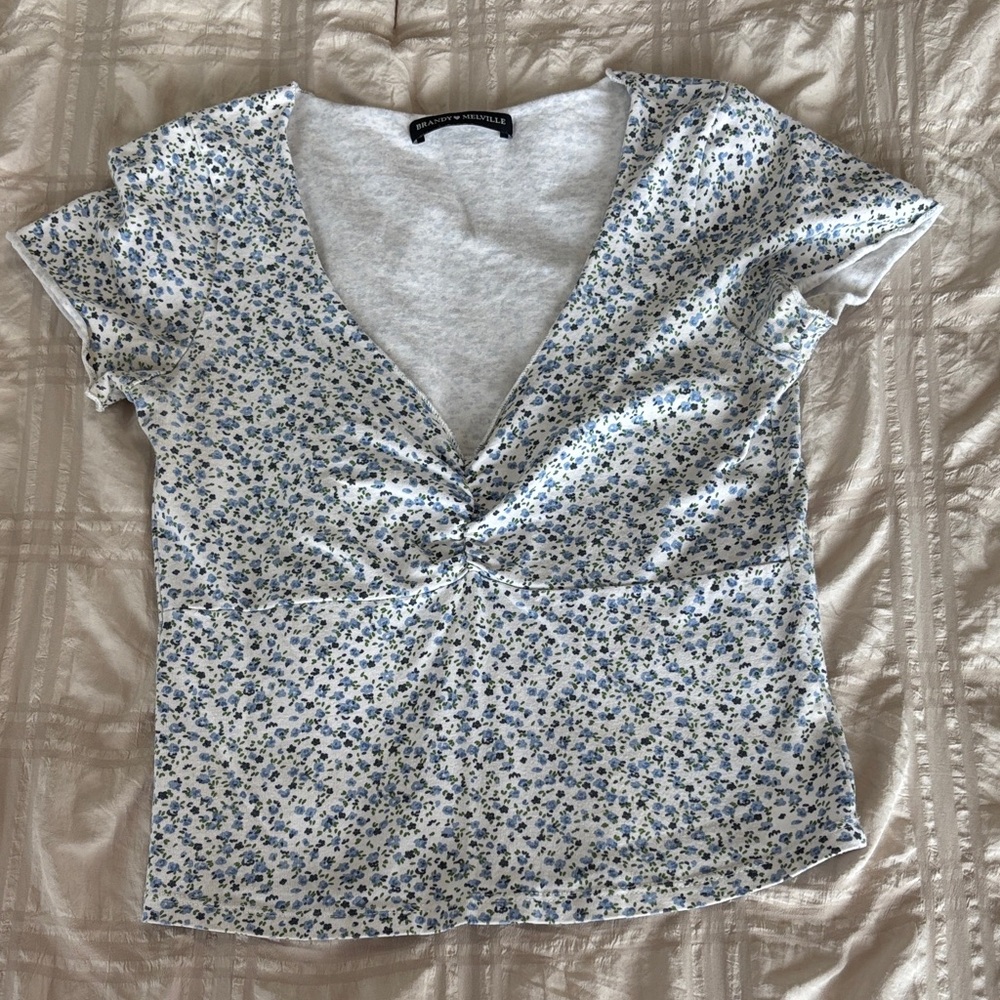 Brandy Melville White and Blue Floral Short Sleeve Top